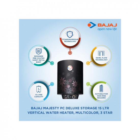 Bajaj Majesty PC Deluxe Storage 15 Litre Vertical 4 Star Water Heater Multicolor wall mounting