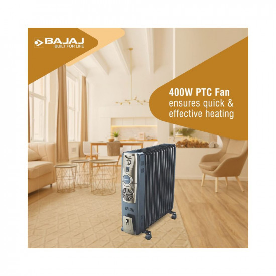 Bajaj OFR Room Heater, 13 Fin 2900 Watts Oil Filled Room Heater with 400W PTC Ceramic Fan Heater, ISI Approved (Majesty 13F Plus Black)