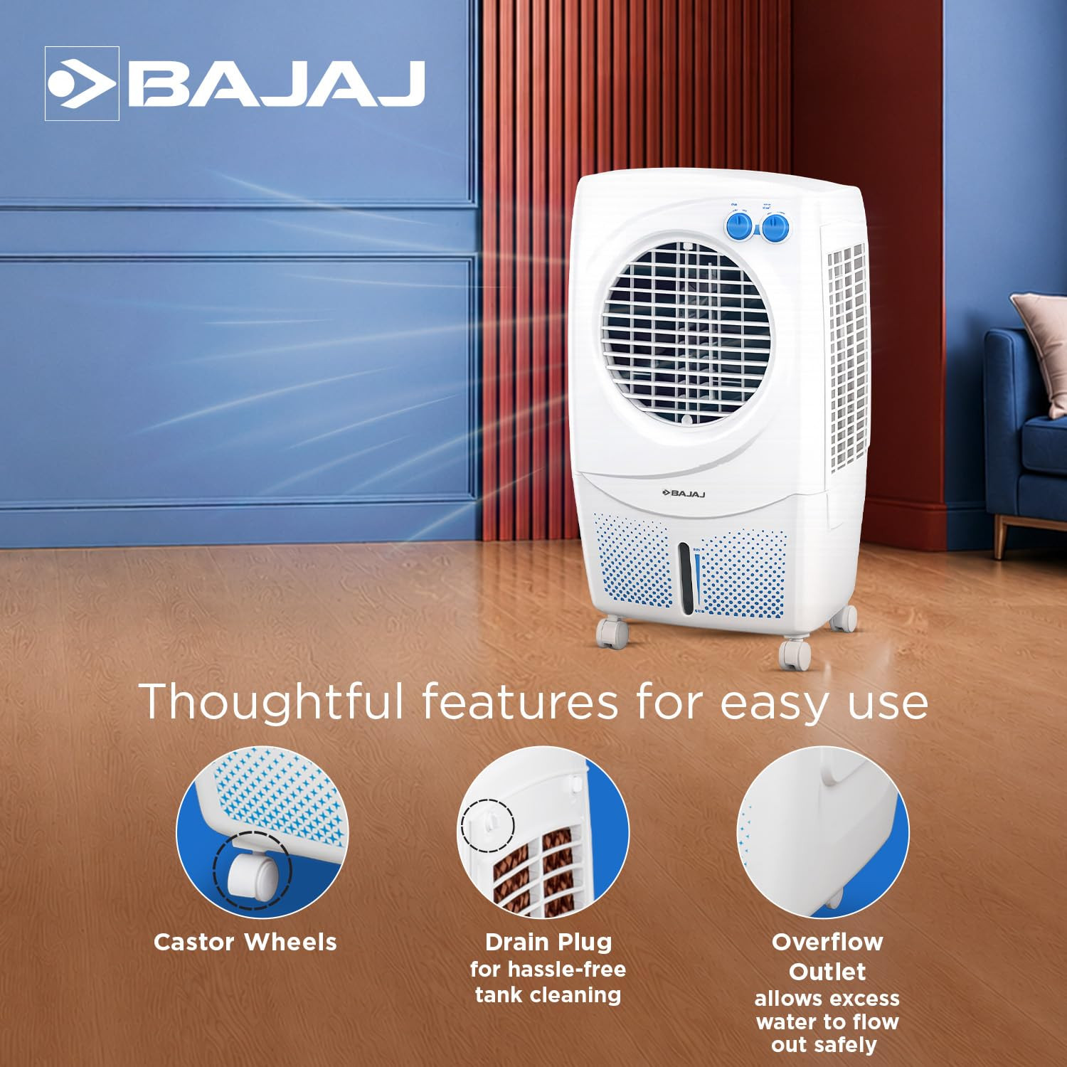 Bajaj PX 97 Torque New 36L Personal Air Cooler For RoomHoneycomb Cooling PadsHigh-Speed 30Ft Powerful Air Throw3-Speed ControlPortable Cooler-Home1 Yr Product WarrantyWhite