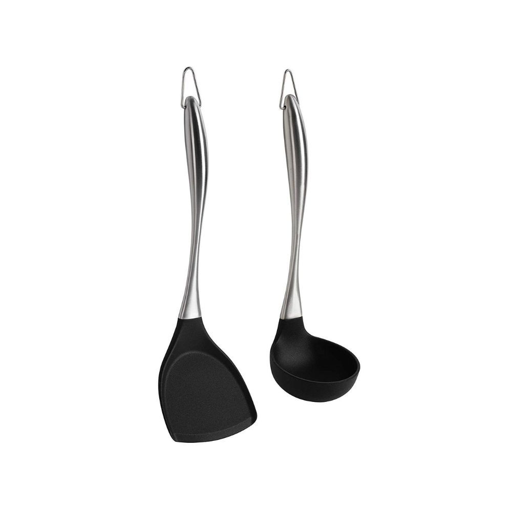 Baskety Kitchen Spatula Set Multipurpose Solid Spatula and ladle - Nylon Utensils with Nonstick, 304(18/10) Stainless Steel Handle Pack of 2 (Red)