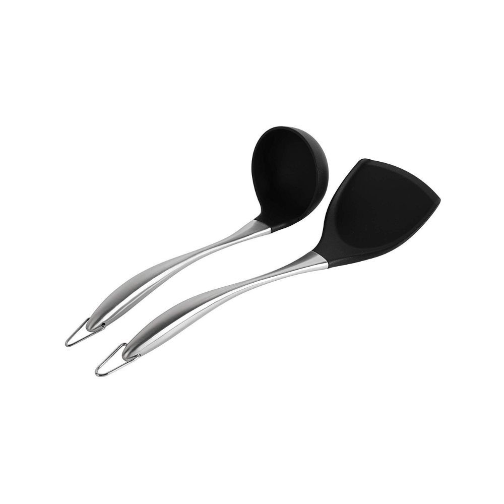 Baskety Kitchen Spatula Set Multipurpose Solid Spatula and ladle - Nylon Utensils with Nonstick, 304(18/10) Stainless Steel Handle Pack of 2 (Red)