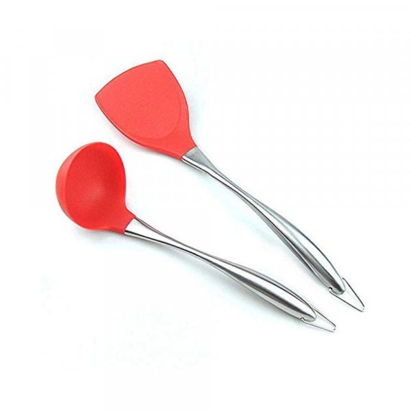 Baskety Kitchen Spatula Set Multipurpose Solid Spatula and ladle - Nylon Utensils with Nonstick, 304(18/10) Stainless Steel Handle Pack of 2 (Red)