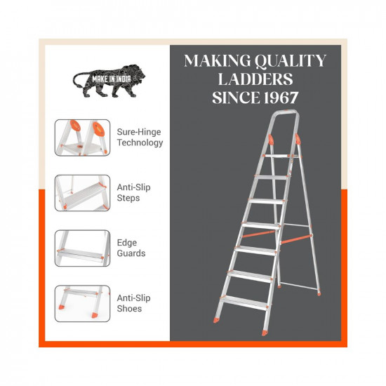 Bathla Advance 7-Step Foldable Aluminium Ladder for Home | 5 Year Warranty and Slip Prevention Steps (Orange)