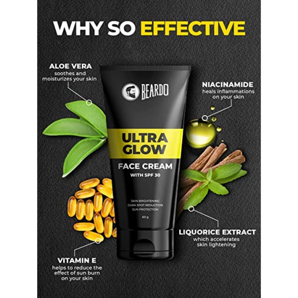 Beardo Ultraglow All in One Face Cream For Men with SPF 30 | Skin Brightening & Whitening Cream | Pigmentation Removal Cream | De tan for Men | 60 g