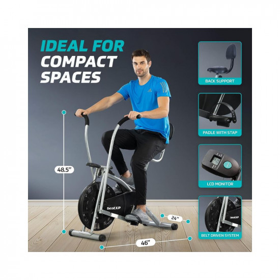 beatXP Typhoon Fitplus 2CM Air Bike Exercise Cycle for Home | Gym Cycle for Workout with Adjustable Cushioned Seat | Moving Handles |Back Support & Curve Frame With 6 Months Warranty (Black&Grey)