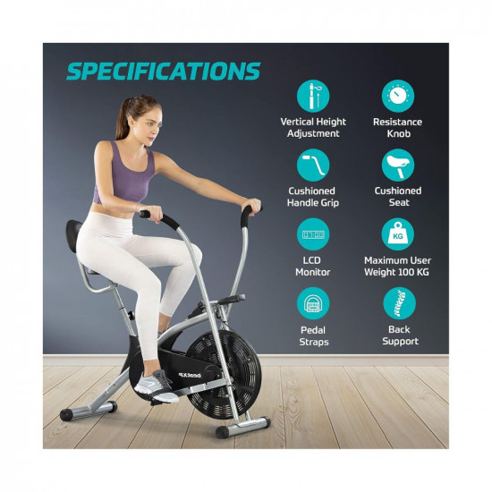 beatXP Typhoon Fitplus 2CM Air Bike Exercise Cycle for Home | Gym Cycle for Workout with Adjustable Cushioned Seat | Moving Handles |Back Support & Curve Frame With 6 Months Warranty (Black&Grey)