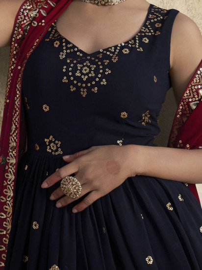 Beauteous Navy-Blue Embroidered Georgette Party Wear Gown