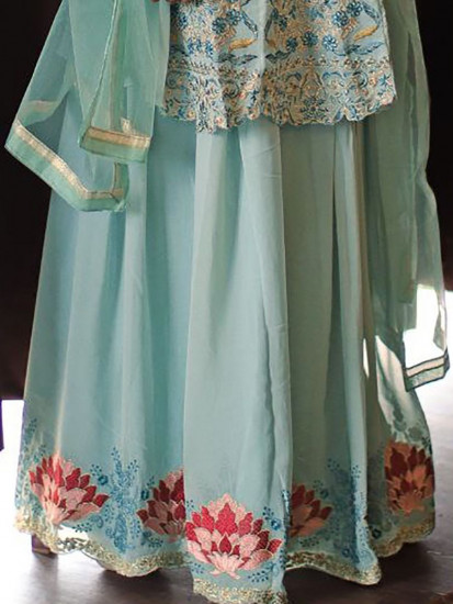 Beautiful Sea-Blue Thread Embroidered Short Anarkali Sharara Suit