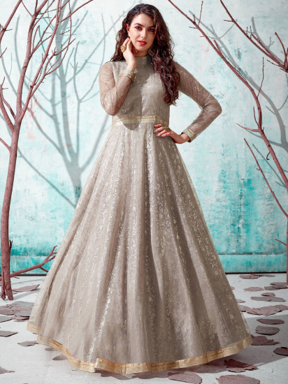 Grey Modal Satin Mirror And Embroidered Work Party Wear Gown -- Miraamall -  USA UK Canada
