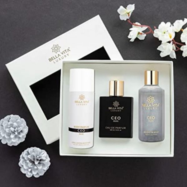 Bella Vita Organic CEO Man Gift Set With Charcoal Body Wash, 200ml For Deep Cleansing, EDP Perfume, 100ml &amp; Deo Body Parfum, 150ml