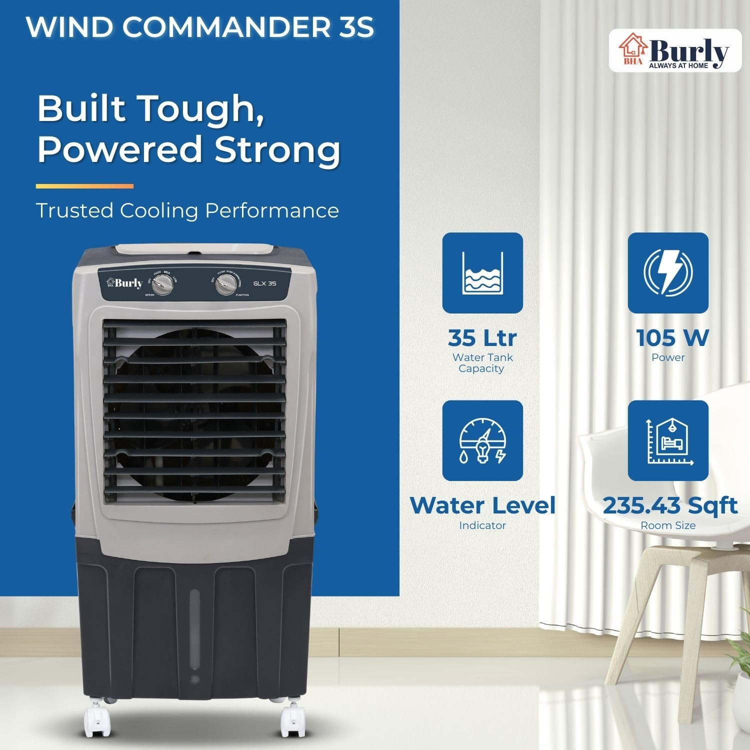 BHABURLY  GLX 35 LTR  Personal Portable Cooler with Anti Bacterial Honeycomb  Highest Airthrow in Segment  Auto Swing  3 Speed Control  Low Power Consumption  One Year Warranty