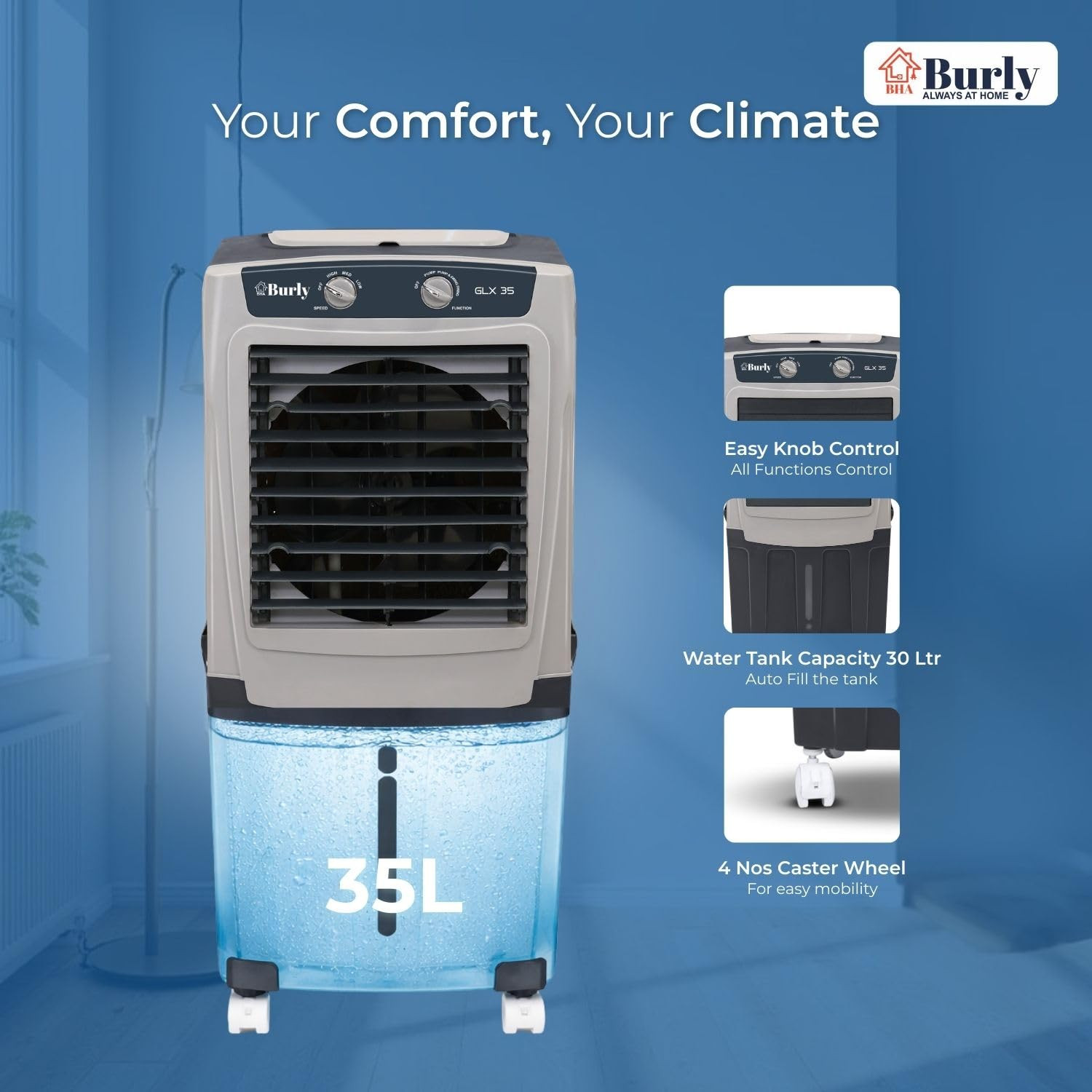 BHABURLY GLX 35 LTR Personal Portable Cooler with Anti Bacterial Honeycomb Highest Airthrow in Segment Auto Swing 3 Speed Control Low Power Consumption One Year Warranty