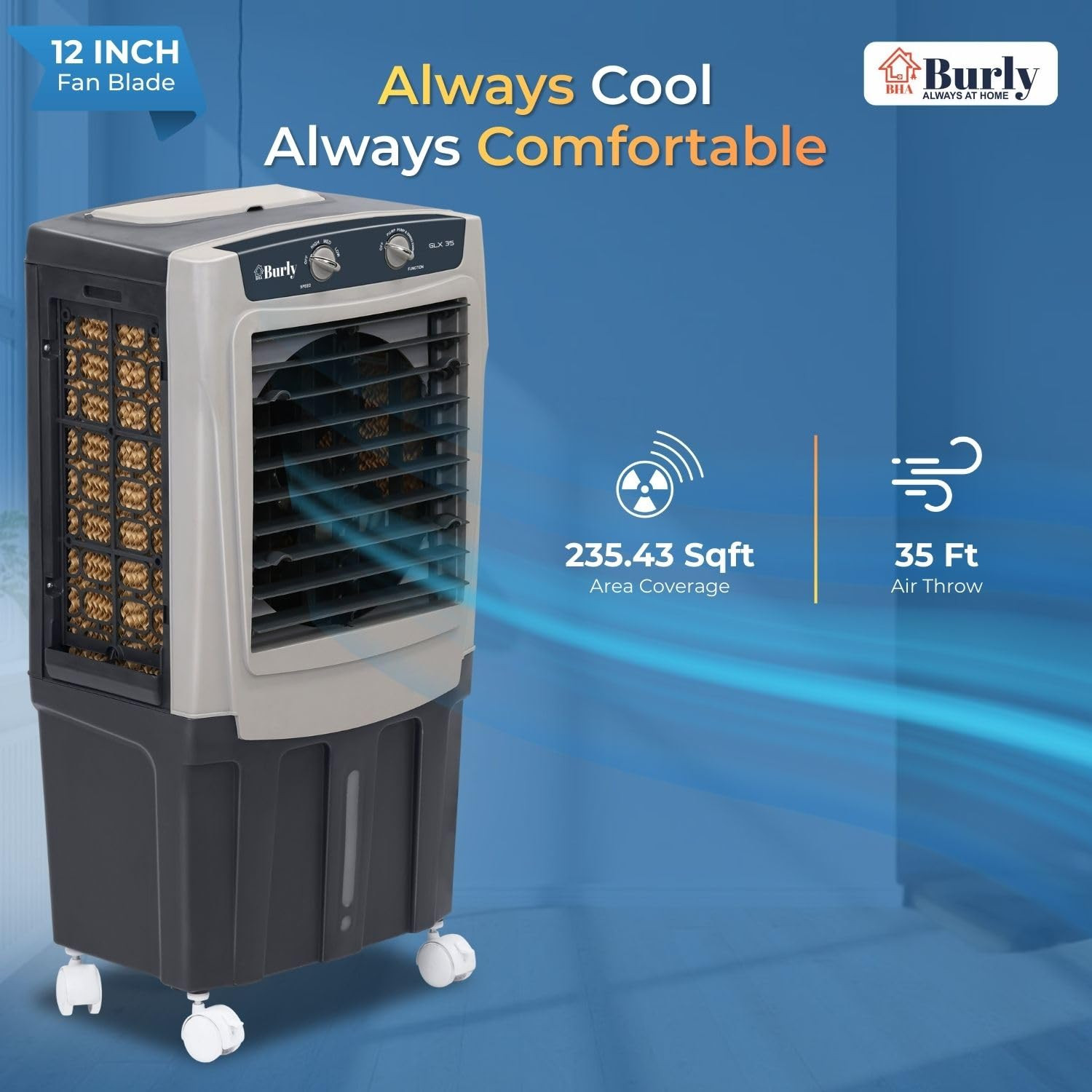 BHABURLY  GLX 35 LTR  Personal Portable Cooler with Anti Bacterial Honeycomb  Highest Airthrow in Segment  Auto Swing  3 Speed Control  Low Power Consumption  One Year Warranty