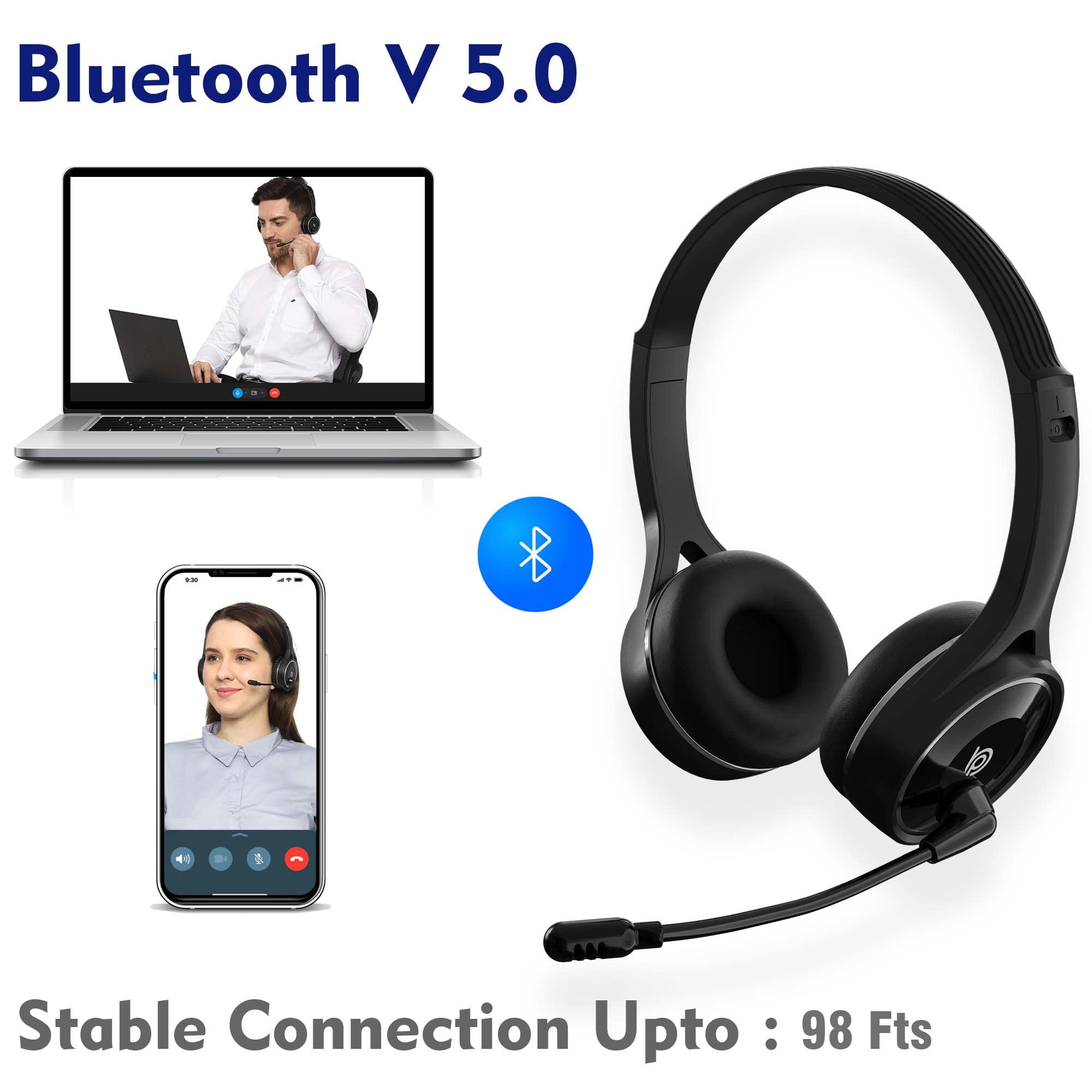 BigPassport Bluetooth Wireless Over-Ear Headset with Mic  Noise-Cancelling Headphones for Skype Zoom Online Meetings Call Center Office PC Laptop  Pro-AirBp30 Black