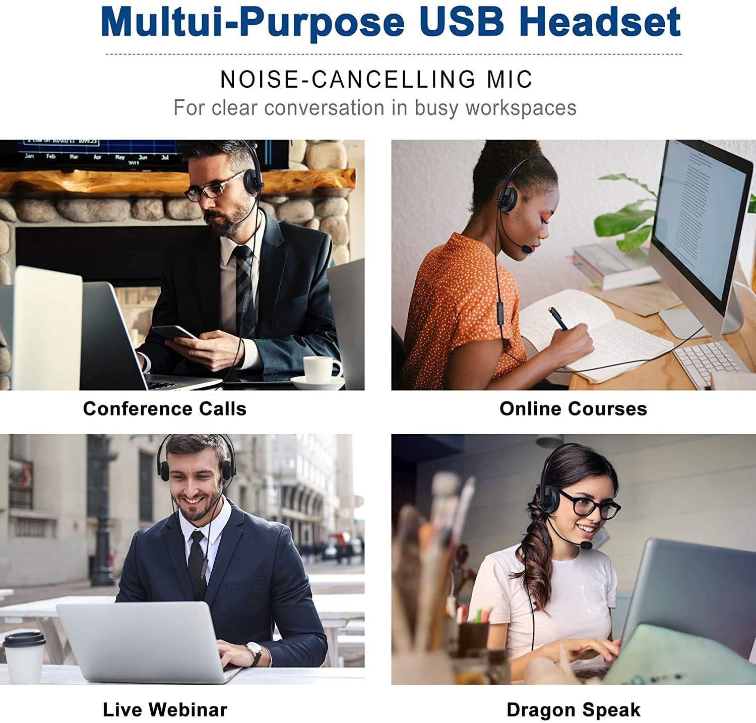 BigPassport USB Wired Over-Ear Headphones with Mic  Noise-Cancelling Headset for PC Laptop Computer Office Skype Zoom Online Classes Call Center  USB Audio  Pro-Tech 134 Black