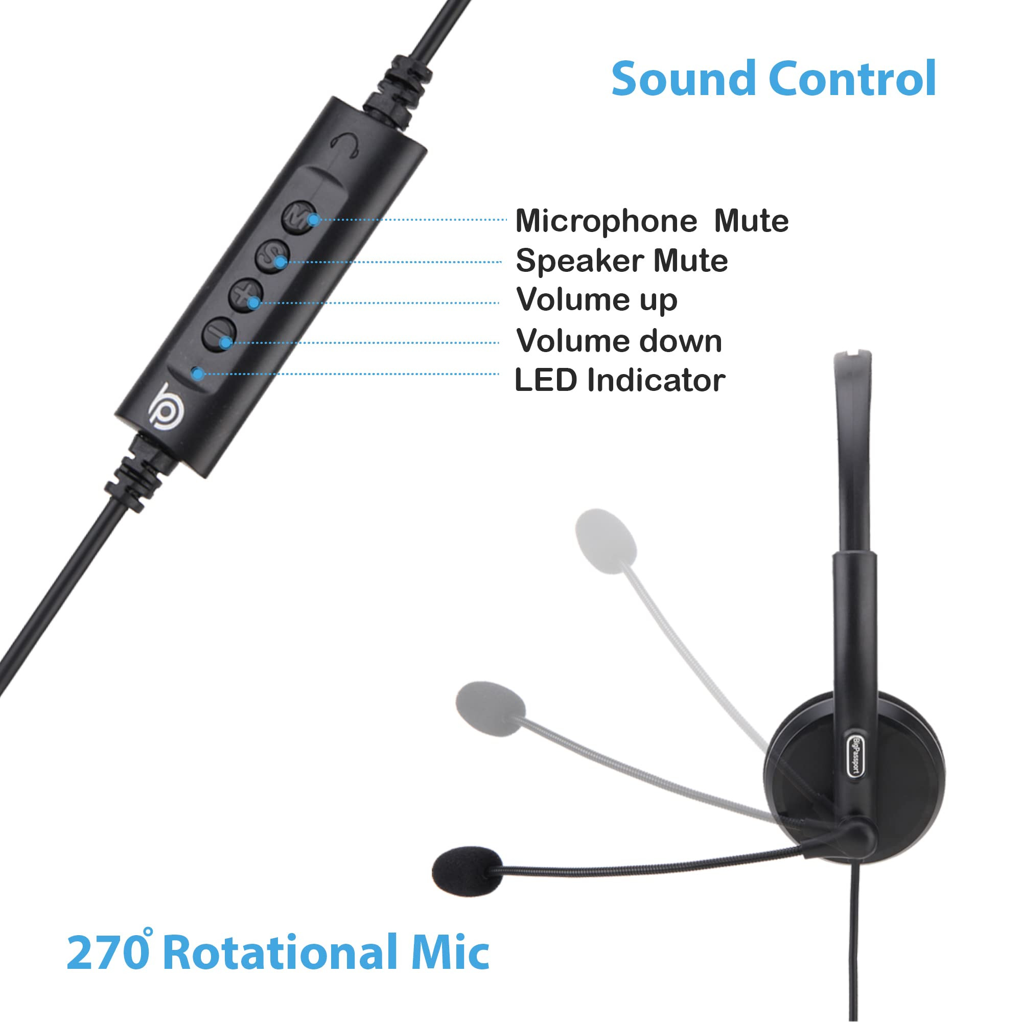 BigPassport USB Wired Over-Ear Headphones with Mic  Noise-Cancelling Headset for PC Laptop Computer Office Skype Zoom Online Classes Call Center  USB Audio  Pro-Tech 134 Black