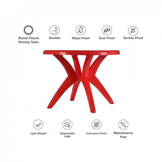 Binani Web with Marina Circular Dining Table 4 Seater | Plastic Dining Room Set for Garden/Outdoor & Indoor|1 Dining Table with 4 Chairs-5 Piece|1 Year Warranty((Red)