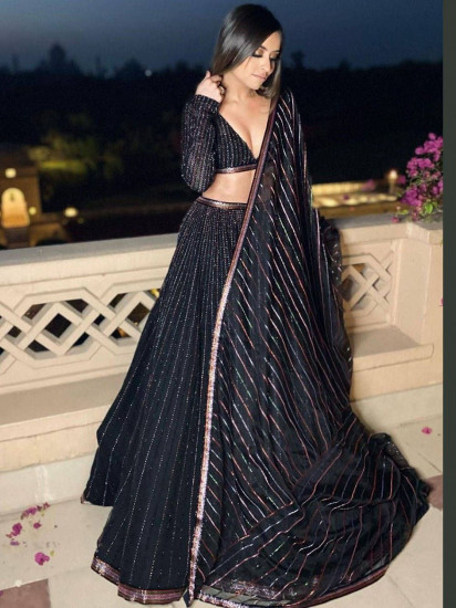 Black Multi Sequins Georgette Party Wear Lehenga Choli
Semi Stitched