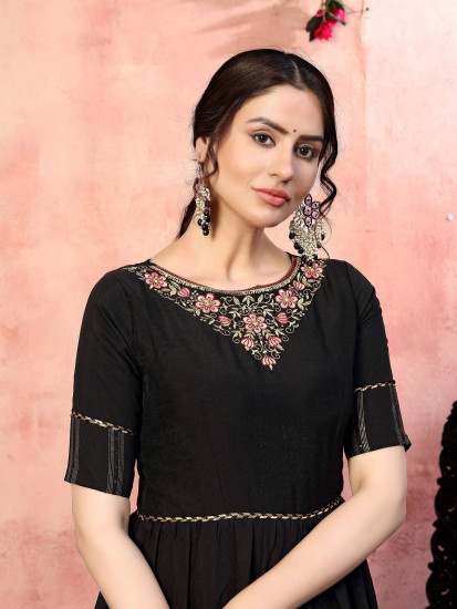 Black Thread Embroidered Silk Party Wear Anarkali Gown
