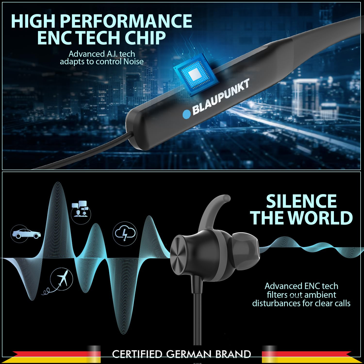 BLAUPUNKT BE120 Touch Wireless in-Ear Neckband with Touch for On-Off Volume Control On The Phone Premium Style No Need to Charge for  Days 40 Hrs Playtime Black