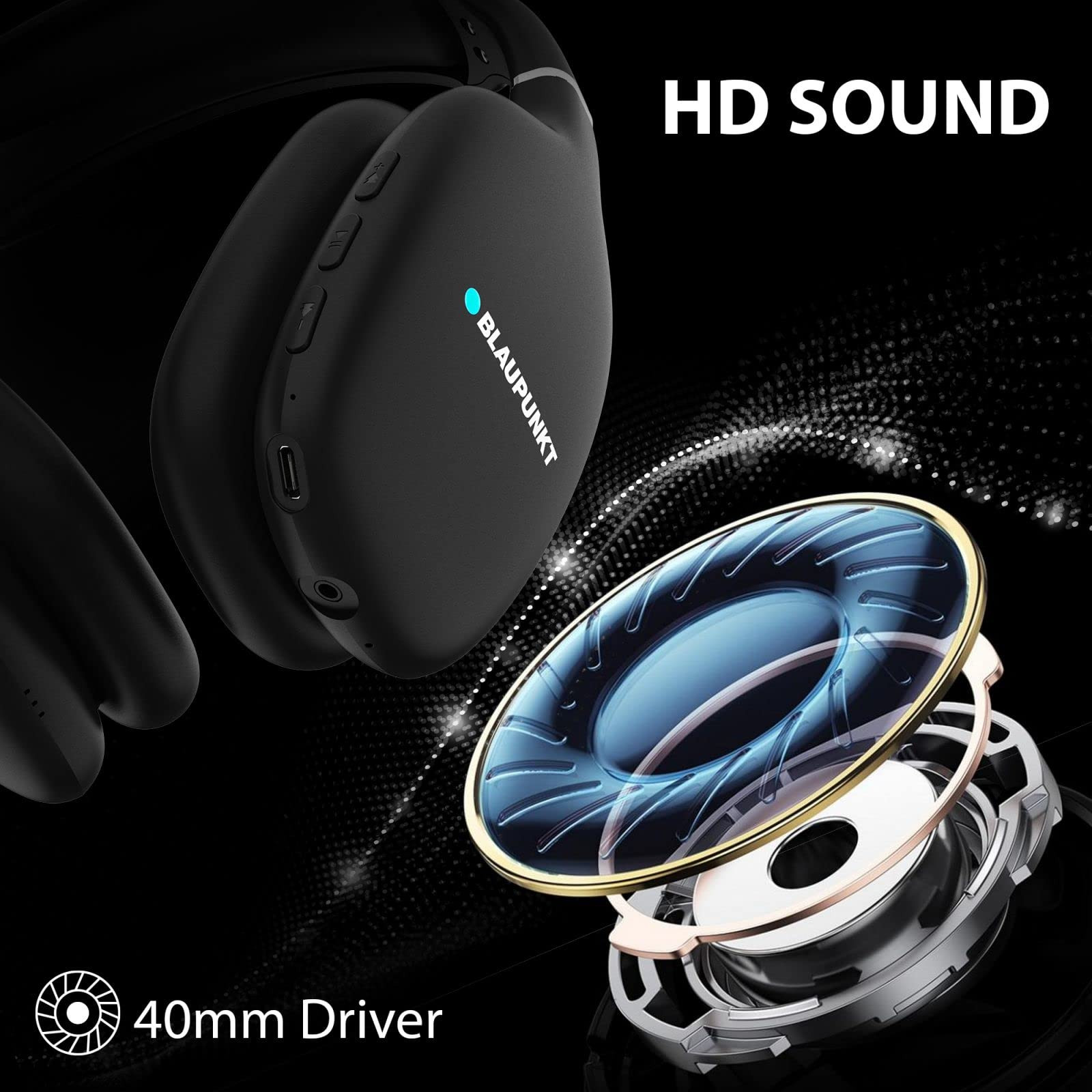 Blaupunkt BH31 Bluetooth Wireless Over Ear Headphones I 40MM Drivers I HD Sound I Soft PU Headband I Media  Volume Control with Built in Mic I TurboVolt Fast Charging I AUX Port Black