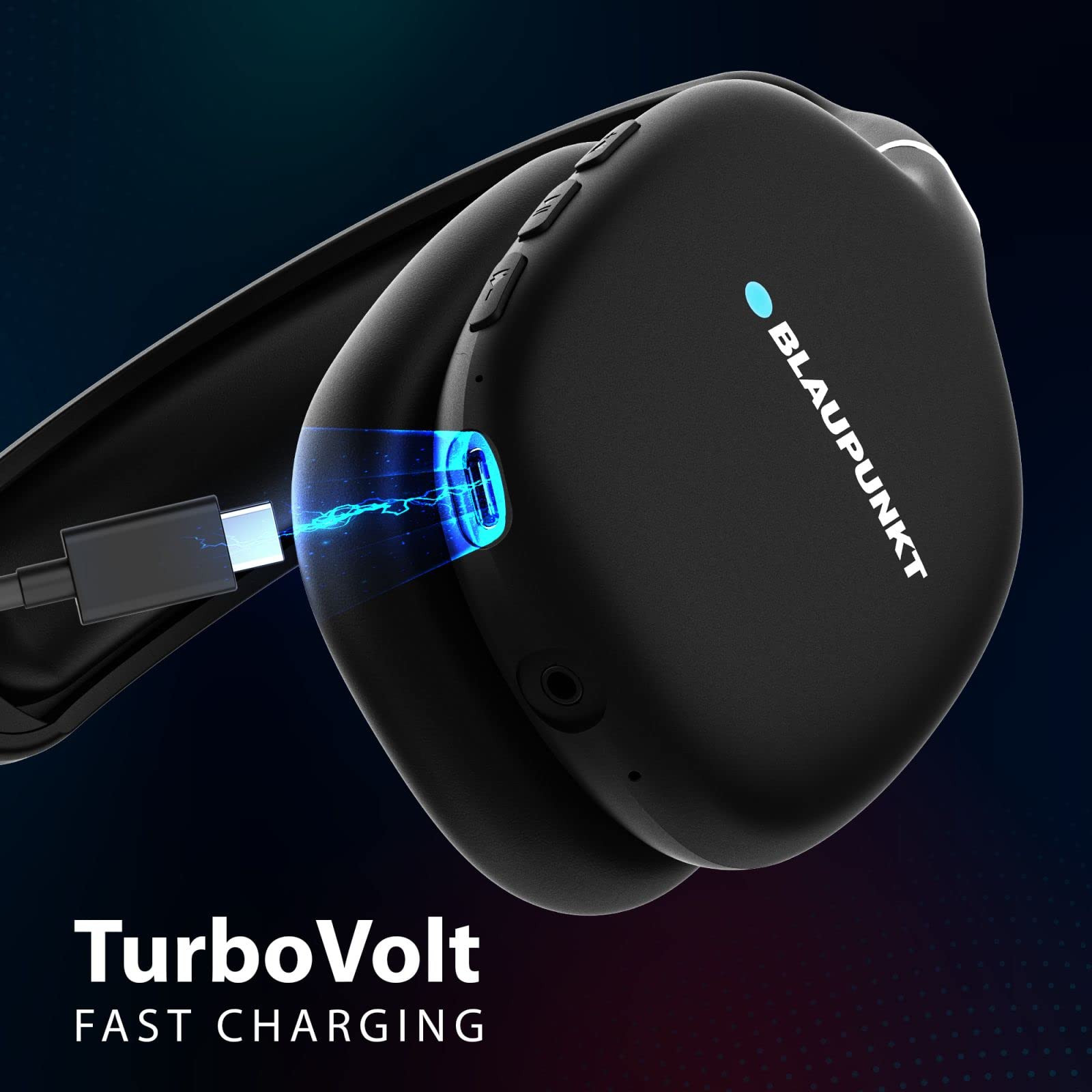 Blaupunkt BH31 Bluetooth Wireless Over Ear Headphones I 40MM Drivers I HD Sound I Soft PU Headband I Media  Volume Control with Built in Mic I TurboVolt Fast Charging I AUX Port Black