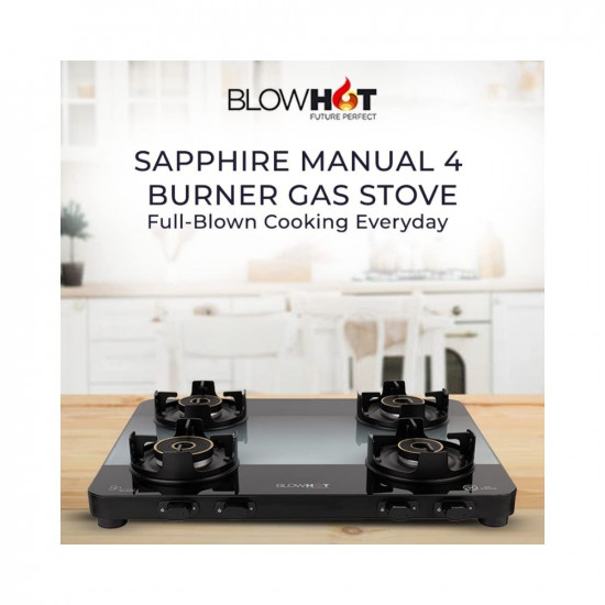 BLOWHOT Sapphire Manual 4 Burner Slimmest Gas Stove | Toughened Glass Cooktop | Stainless Steel Frame | 1 Year General Warranty (Burner, Gas Valve and Glass - 5 Years)