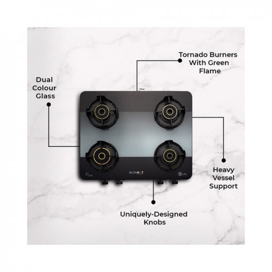 BLOWHOT Sapphire Manual 4 Burner Slimmest Gas Stove | Toughened Glass Cooktop | Stainless Steel Frame | 1 Year General Warranty (Burner, Gas Valve and Glass - 5 Years)