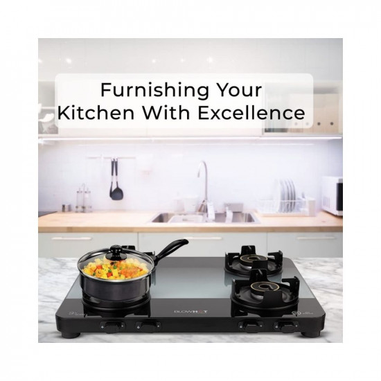 BLOWHOT Sapphire Manual 4 Burner Slimmest Gas Stove | Toughened Glass Cooktop | Stainless Steel Frame | 1 Year General Warranty (Burner, Gas Valve and Glass - 5 Years)