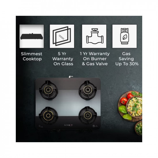 BLOWHOT Sapphire Manual 4 Burner Slimmest Gas Stove | Toughened Glass Cooktop | Stainless Steel Frame | 1 Year General Warranty (Burner, Gas Valve and Glass - 5 Years)