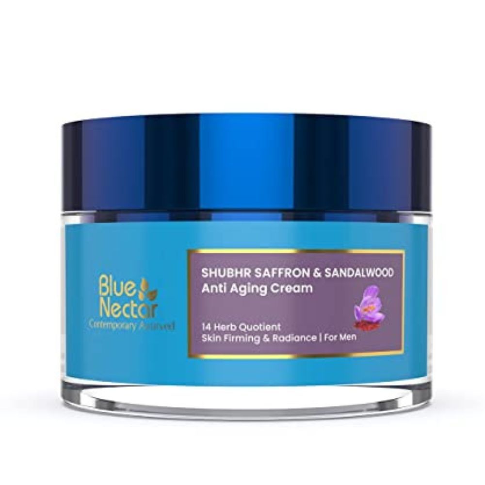 Blue Nectar Men Face Cream, Natural Skin Brightening Cream, Anti Aging Cream for Men with Sandalwood, Saffron and Almond Oil (14 Herbs, 50g)