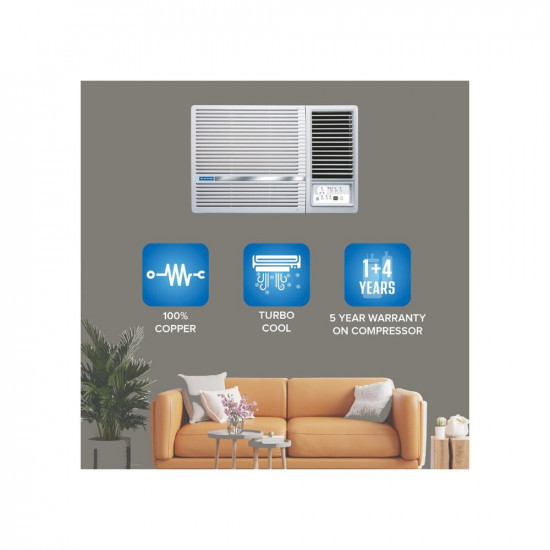 Blue Star 1 Ton 3 Star Fixed Speed Window AC Copper Turbo Cool Humidity Control Fan Modes-AutoHighMediumLow Hydrophilic Blue Fins Dust Filters Self-Diagnosis 2023 Model WFB312LN White