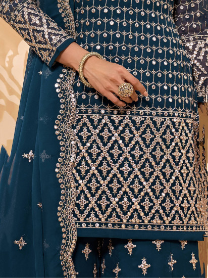 Blue Zari Embroidered Georgette Festive Wear Sharara Suit