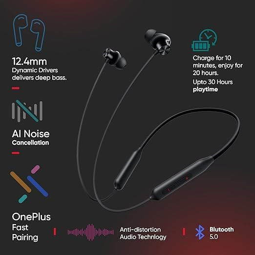 Bluetooth Wireless in Ear Earphones Compatible with OnePlus Bullets Z2 with Mic Bombastic Bass 10 Mins Charge - 20 Hrs Music 30 Hrs Battery LifeBullet Z2 Black