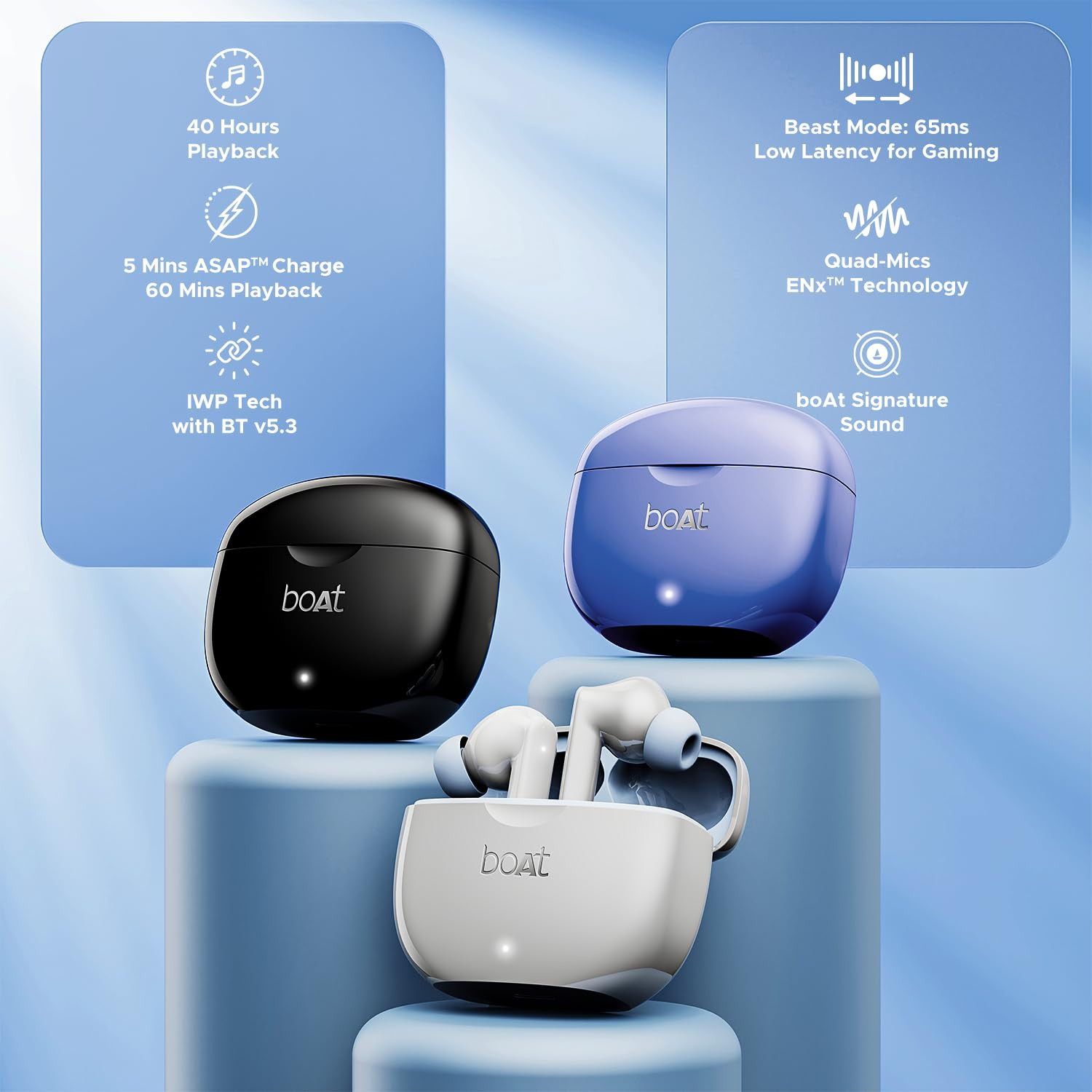Boat Airdopes 120 Truly Wireless in Ear Ear Buds win Ear Detection 40 hrs Playtime Quad Mics with ENx Tech ASAP Charge IWP Tech Beast Mode with 65 ms Low Latency BTv53  IPX4Active Black