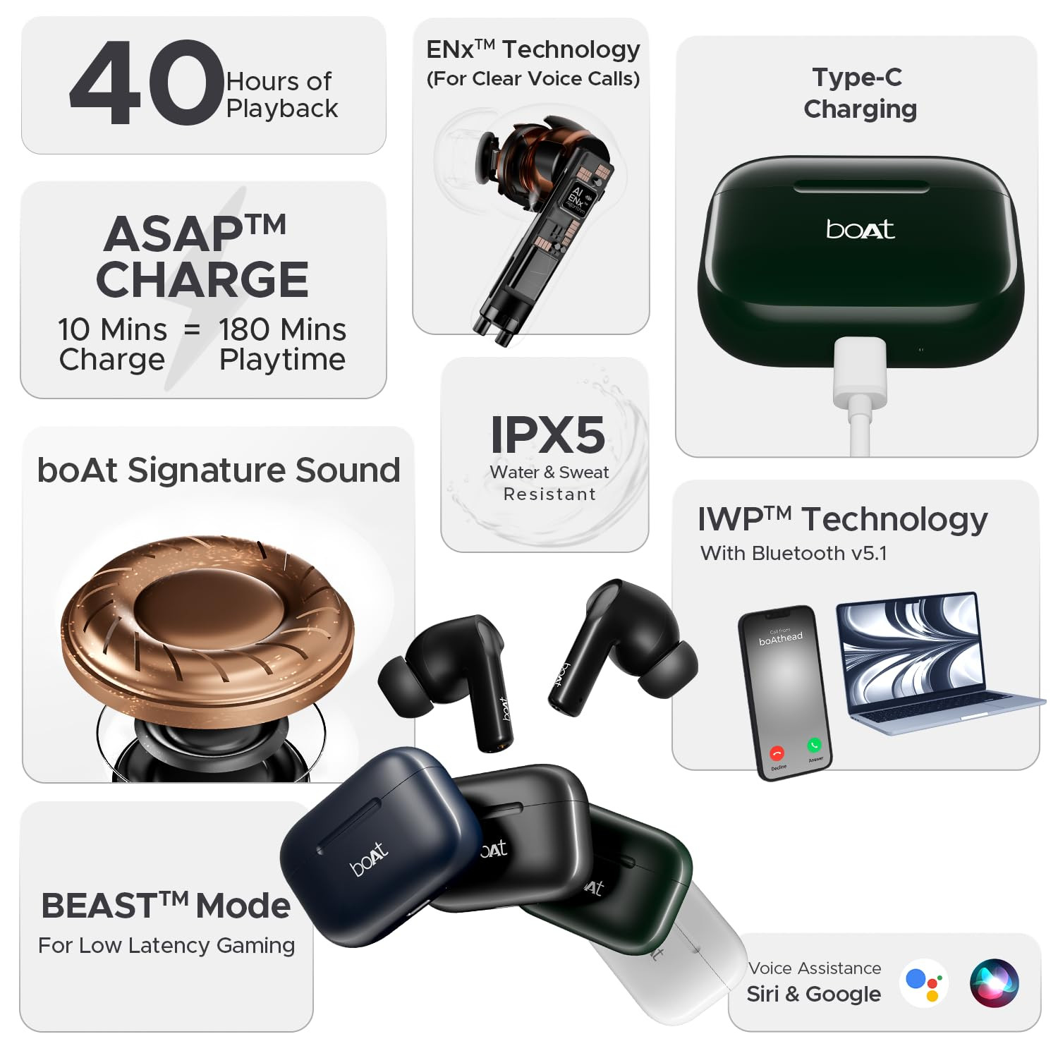 boAt Airdopes 163 in Ear Earbuds with 40 HRS Battery Fast Charge 13mm Drivers IPX5 Quick Touch Response Control Active Black