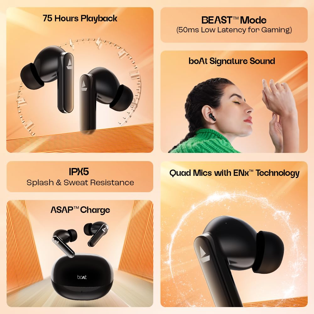 Boat Airdopes 301 TWS in Ear Earbuds 75hrs Playtime Quad Mics with ENx ASAP Charge IWP Tech Beast Mode 50ms Low Latency 10mm Drivers Bluetooth v53  IPX5 ResistanceMidnight Shadow