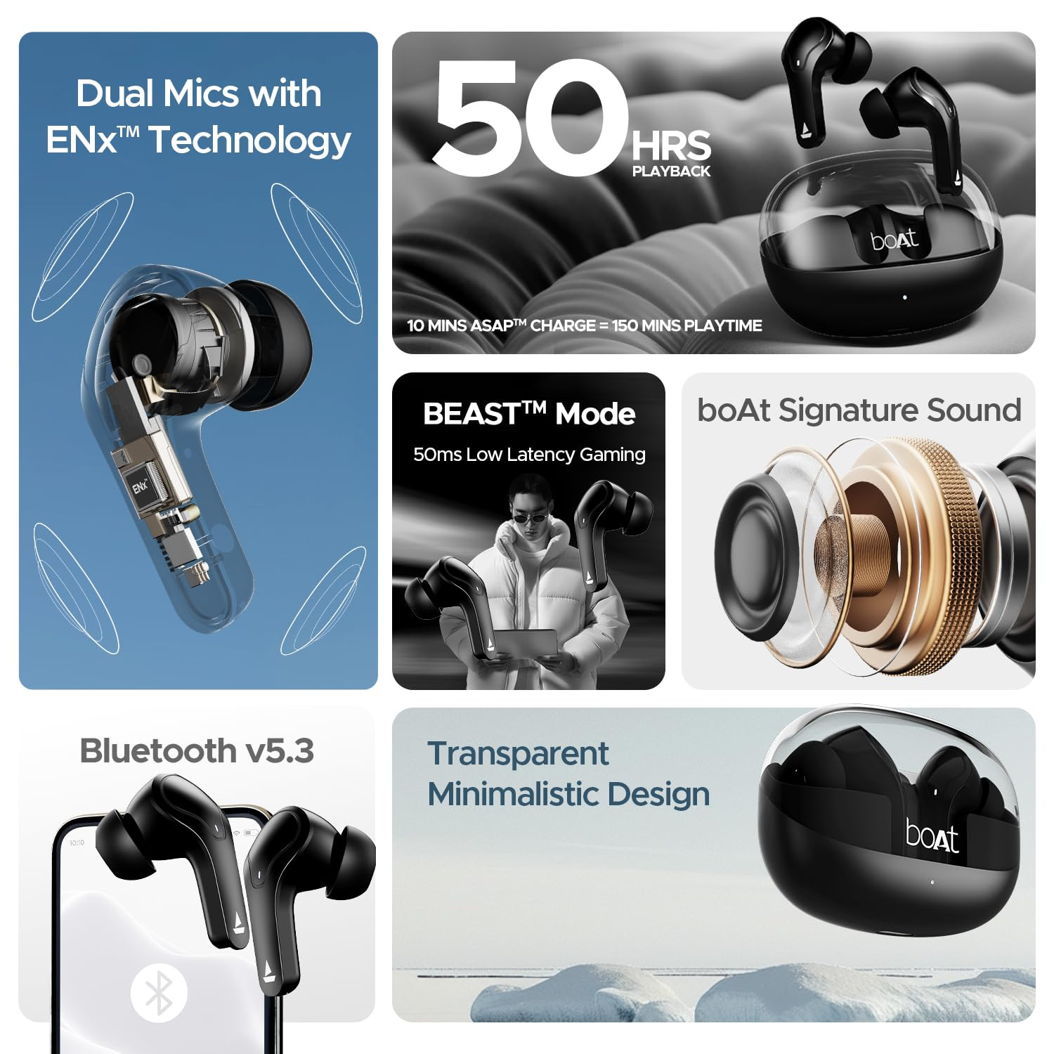 boAt Airdopes 311 Pro 50HRS Battery Fast Charge Dual Mics ENx Tech Transparent LID Low Latency IPX4 IWP Tech v53 Bluetooth Earbuds TWS Ear Buds Wireless Earphones with mic Active Black