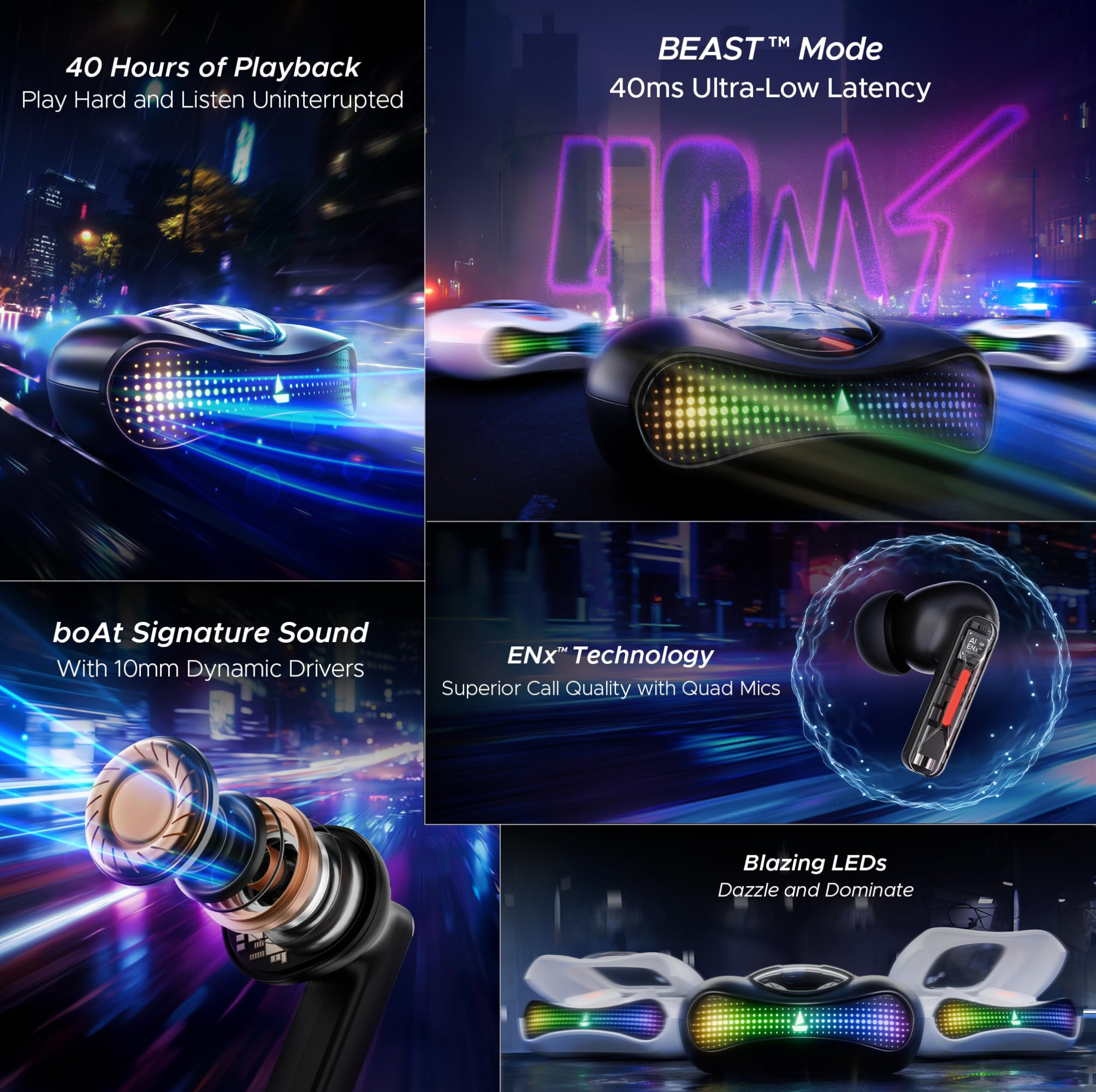boAt Airdopes Drift TWS in Ear Earbuds 40hrs Playback Beast Mode40ms Latency 4 Mics with ENx Car-Shaped ID with RGB LEDs ASAP Charge IWP Tech BT v54  IPX4 ResistanceBlack Sabre