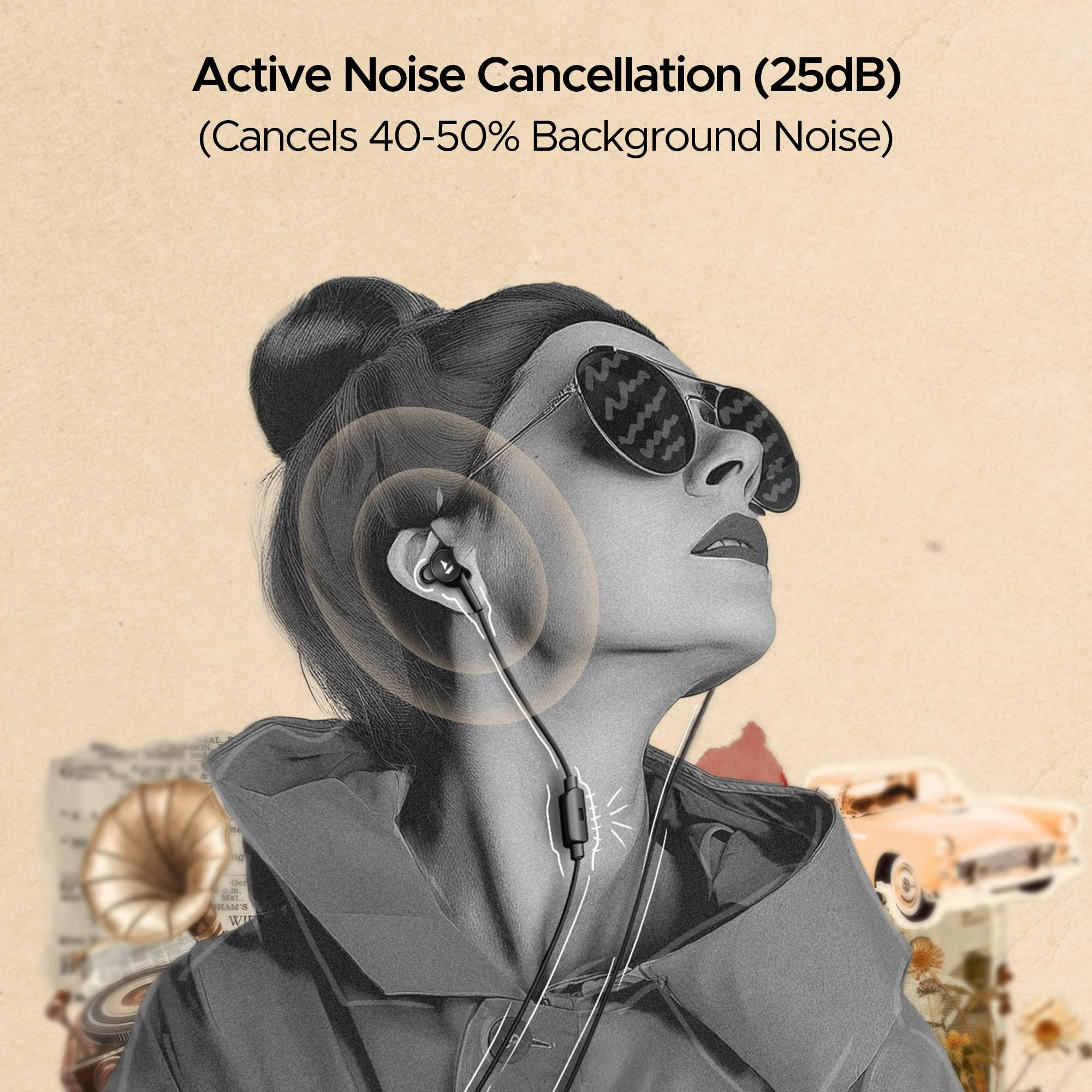 boAt Bassheads 122 ANC Wired in Ear Earphones with 25Db Active Noise Cancellation 13Mm Drivers Ambient Mode Type-C Jack in-Line Microphone Snug Fit  Multi-OS CompatibilityBlack