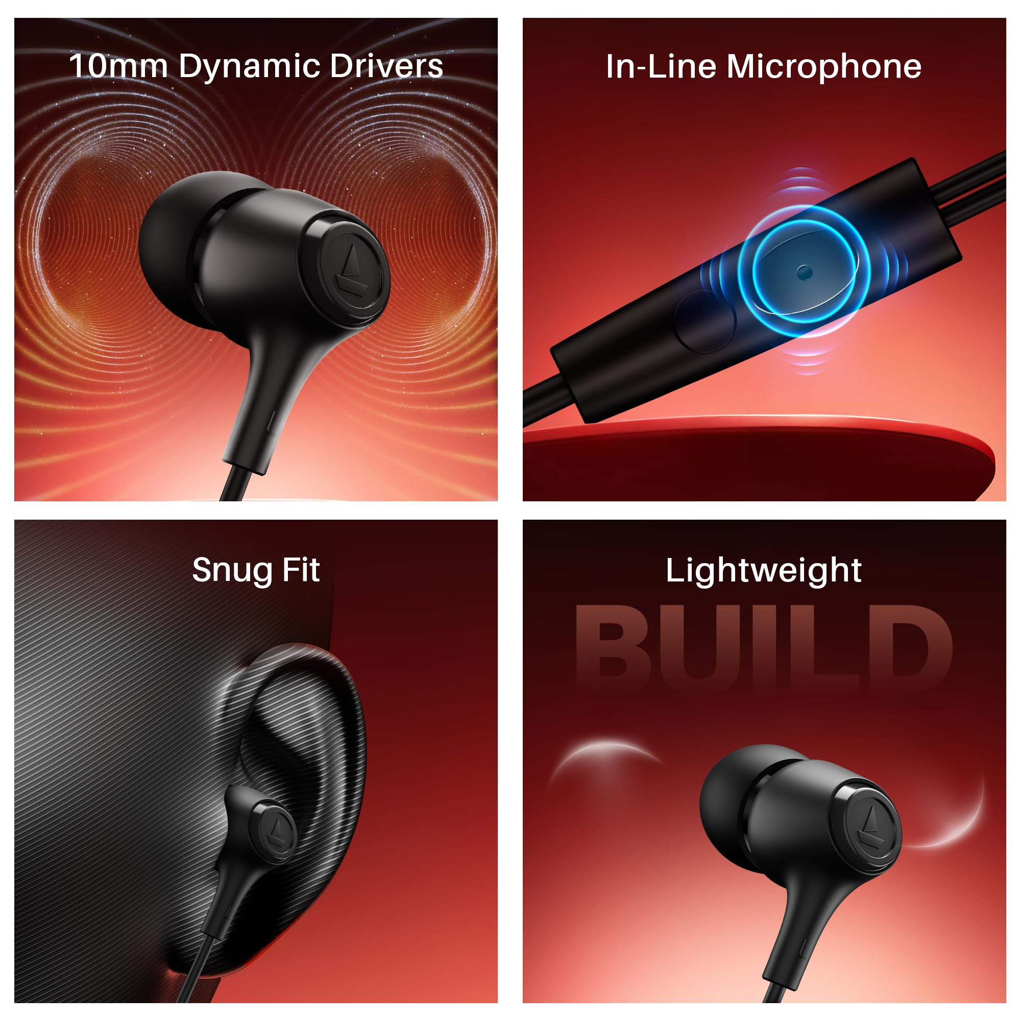 boAt BassHeads 95 2025 Launch Wired Earphones 10mm Drivers Signature Sound in-Line Microphone Integrated Controls Snug Fit Lightweight Voice Assistant 120cm Cable  35mm JackActive Black
