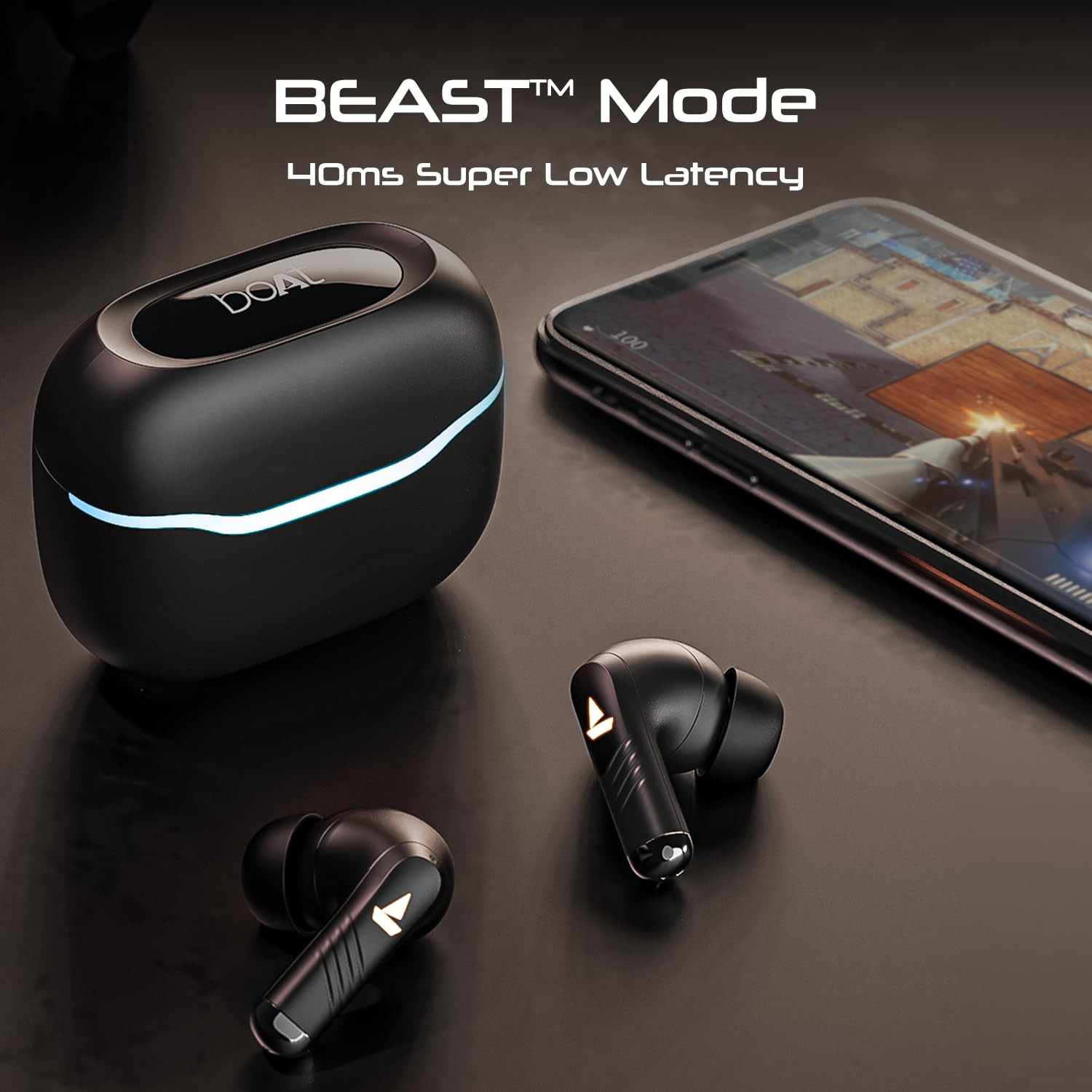 boAt Immortal 125 TWS in-Ear Earbuds wup to 40 hrs Playtime Quad Mics with ENx Tech Beast Mode with 40 ms Super Low Latency ASAP Charge IPX4 Resistance RGB LED Lights BT v53Black Sabre