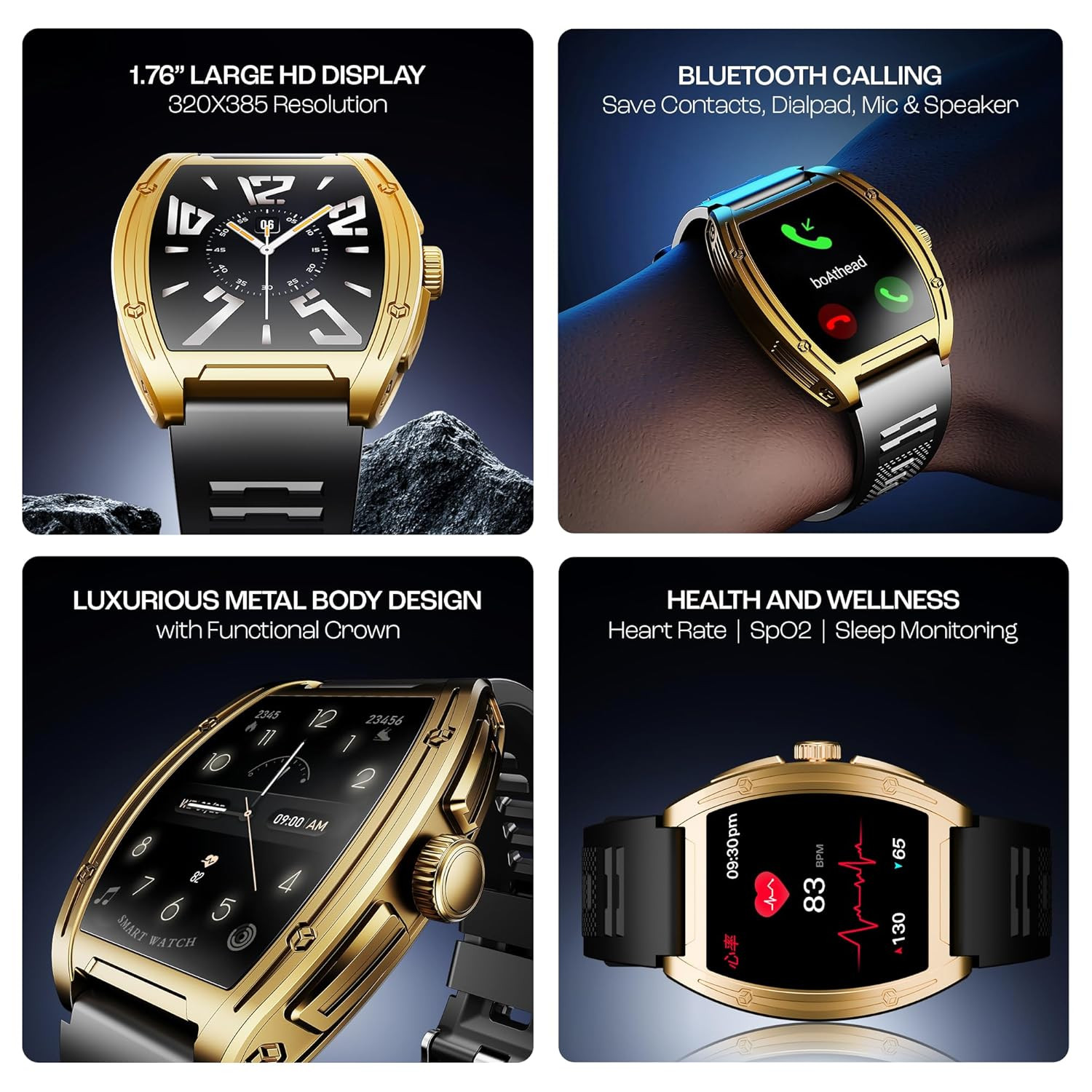 boAt Luxury Smart Watch Enigma Ascend Smart Watch w 176447 cm HD Display Functional Crown BT Calling Upto 5 Days Battery 100Sports Modes 200Watch Faces IP68 HR  SpO2Midnight Gold