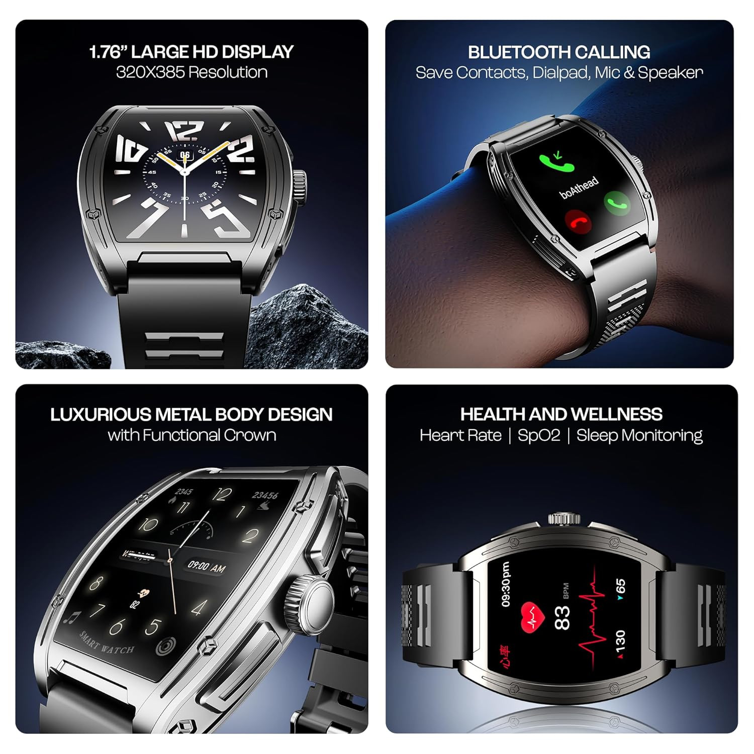 boAt Luxury Smart Watch Enigma Ascend Smart Watch w 176447 cm HD Display Functional Crown BT Calling Upto 5 Days Battery 100Sports Modes 200Watch Faces IP68 HR  SpO2Active Black