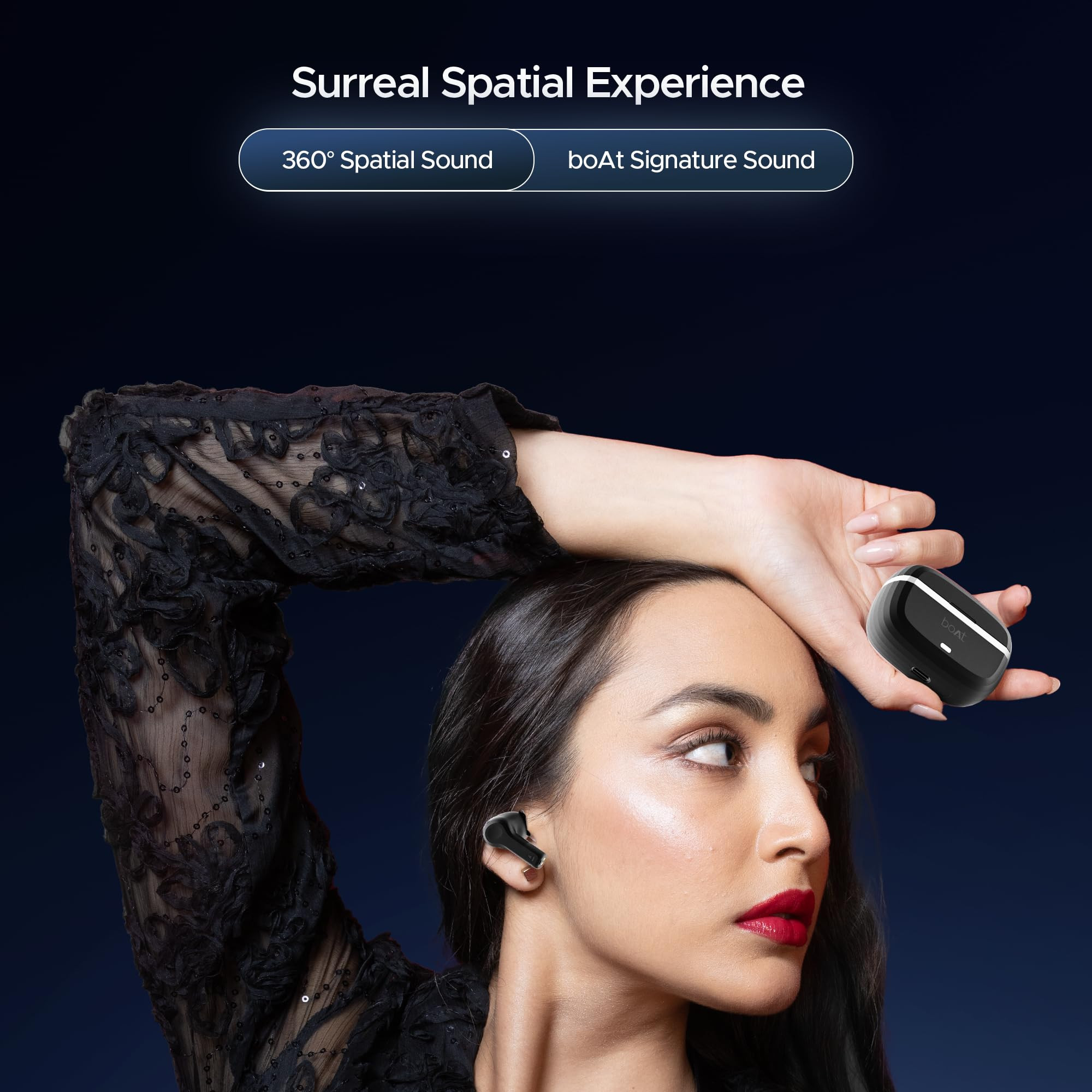 boAt Nirvana Space 360 Spatial Audio Active Noise Cancellation 32dB 100Hrs Battery4Mics ENx Fast Charge v53 Bluetooth Earbuds TWS Ear Buds Wireless Earphones with mic Cosmic Black