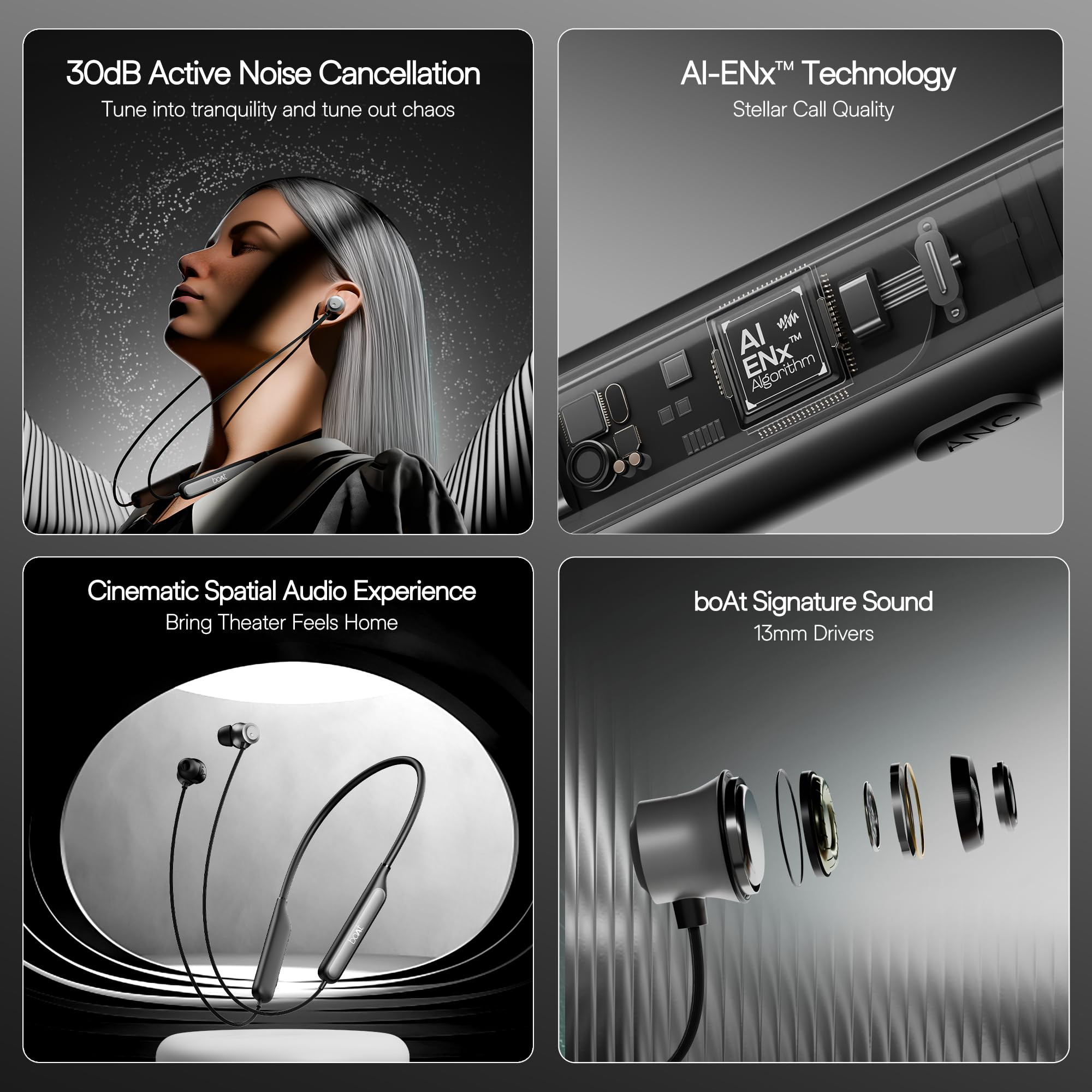 boAt Rockerz 210 ANC Bluetooth in Ear Neckband wSpatial Audio 30dB ANC AI-ENx Technology 40hrs Playback EQ Modes 13 mm Drivers Dual Pairing  Fast PairOnyx Black