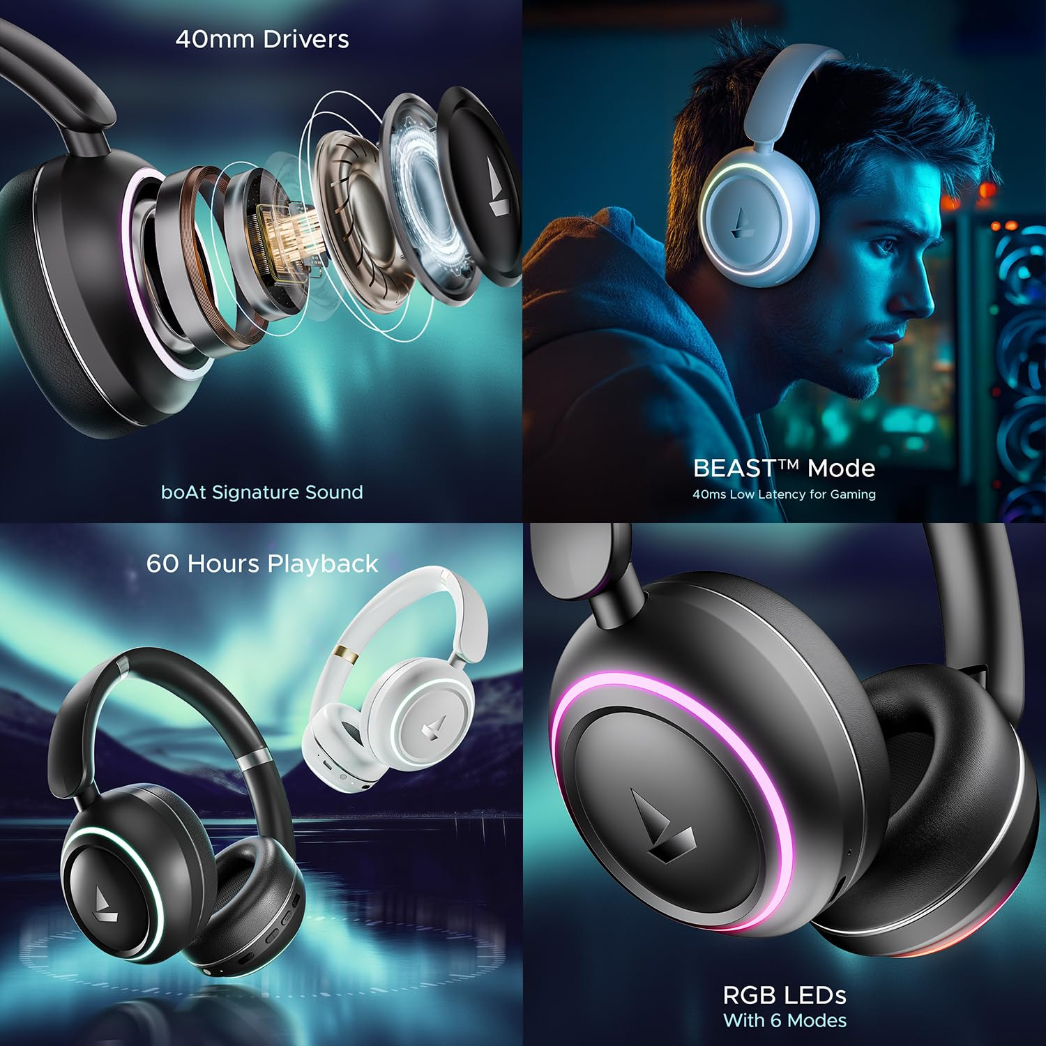boAt Rockerz 480 WRGB LEDs 6 Light Modes 40Mm Drivers Beast Mode 60Hrs Playback Enx Tech BT V53 Adaptive Fit  Easy Access Controls Bluetooth Over Ear HeadphonesBlack Sabre