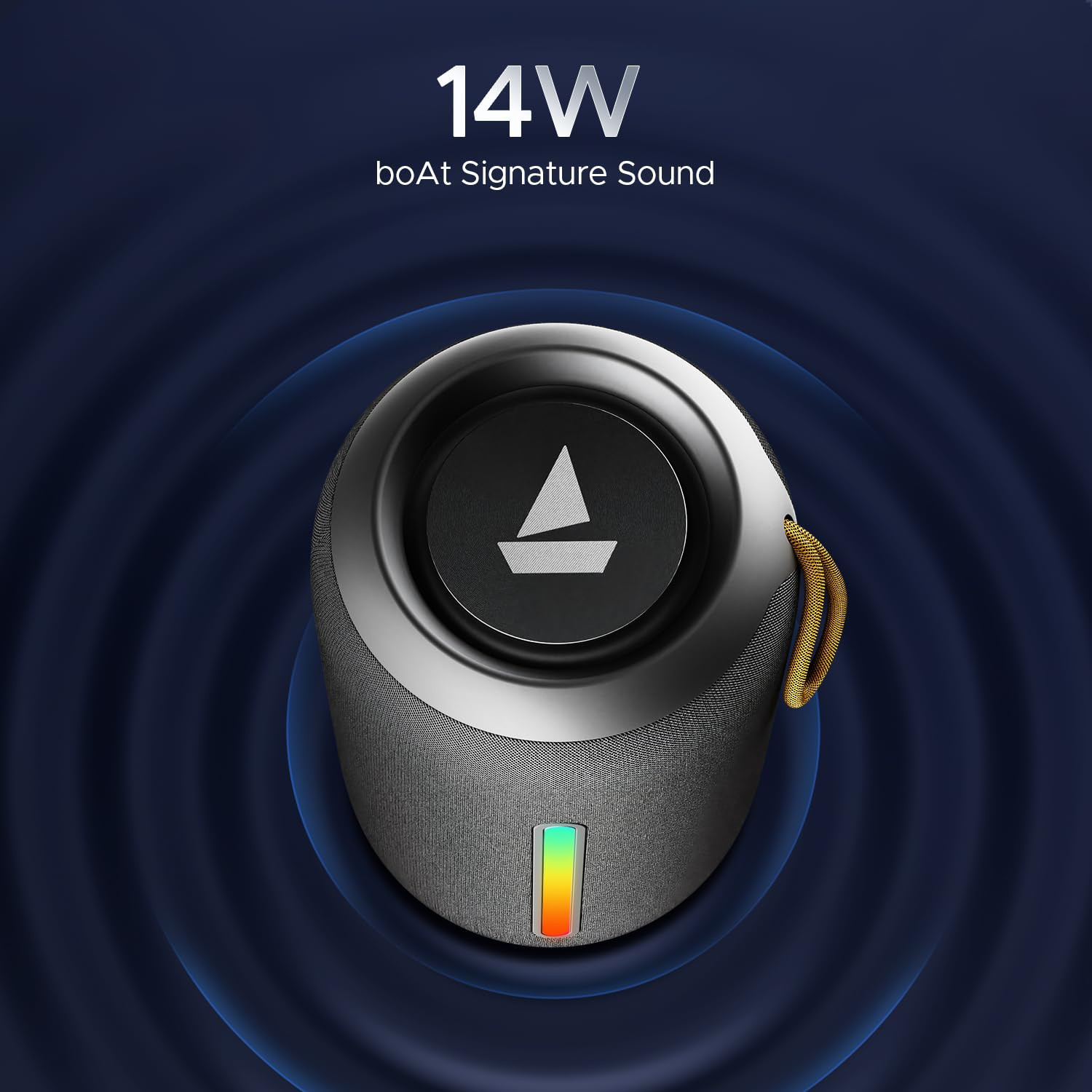 boAt Stone 352 Pro w 14W Signature Sound Up to 12 Hours Playback RGB LEDs TWS Feature Built-in Mic BTv53 AUX Port IPX5  Type-C Interface Bluetooth SpeakerGroovy Grey
