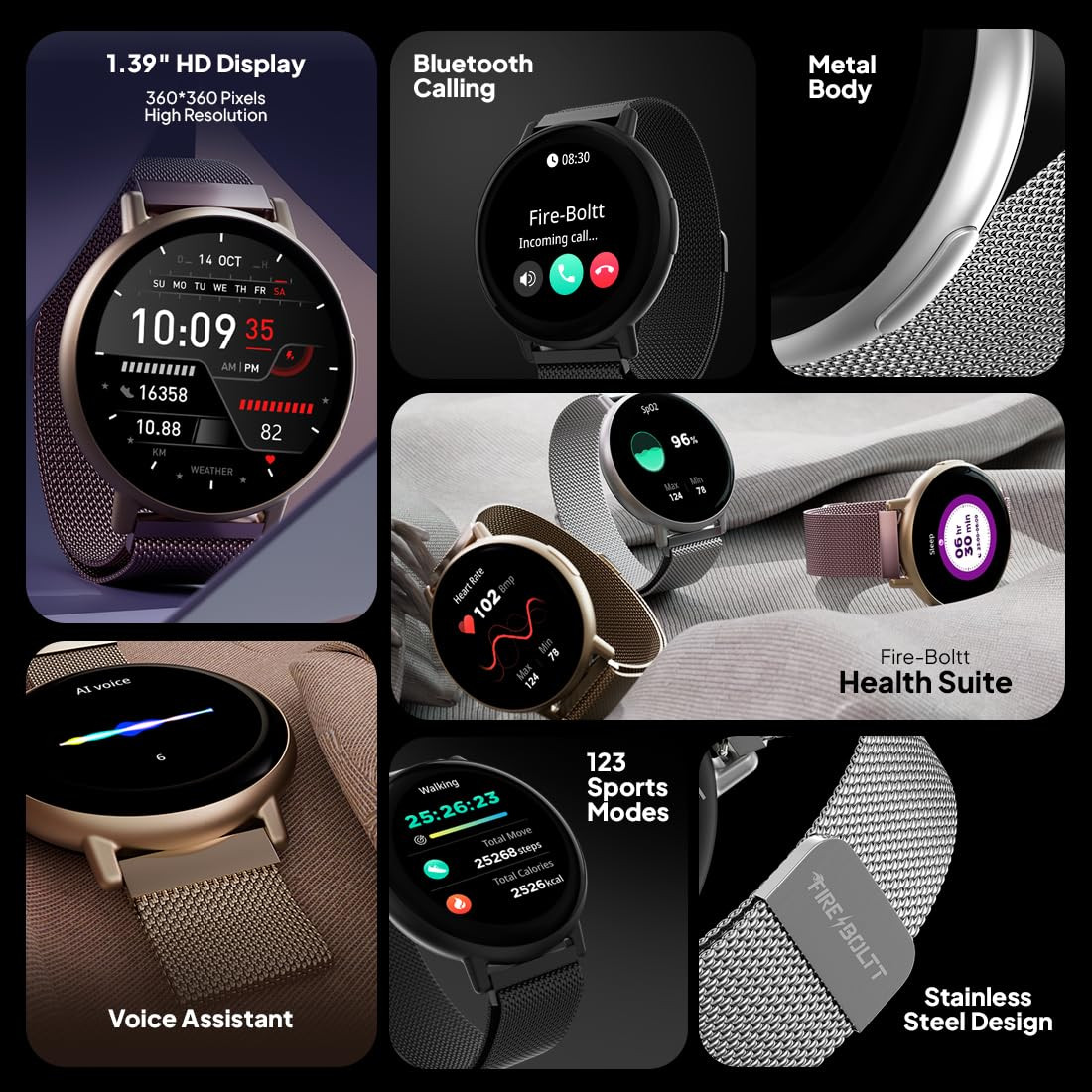Boltt Fire Destiny Smartwatch- 139 Display Stainless Steel Bluetooth Calling 123 Sports Modes Voice Assistant Health site IP67 Pink