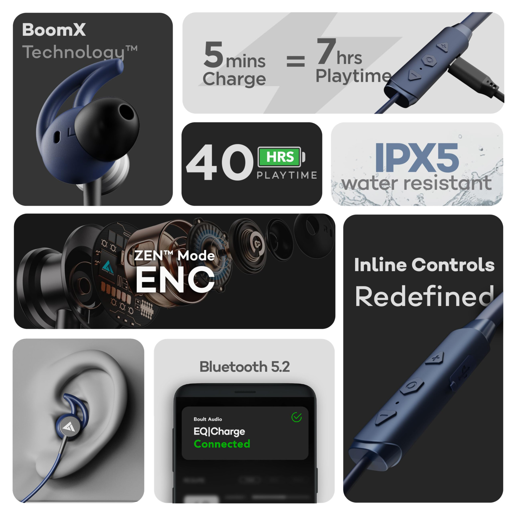 Boult Audio FXCharge Bluetooth Earphones with 40H Playtime Dual Pairing Neckband Zen ENC Mic Type-C Fast Charging 5Mins75Hrs Biggest 142mm Bass Driver IPX5 Premium Silicone Neck Band Blue